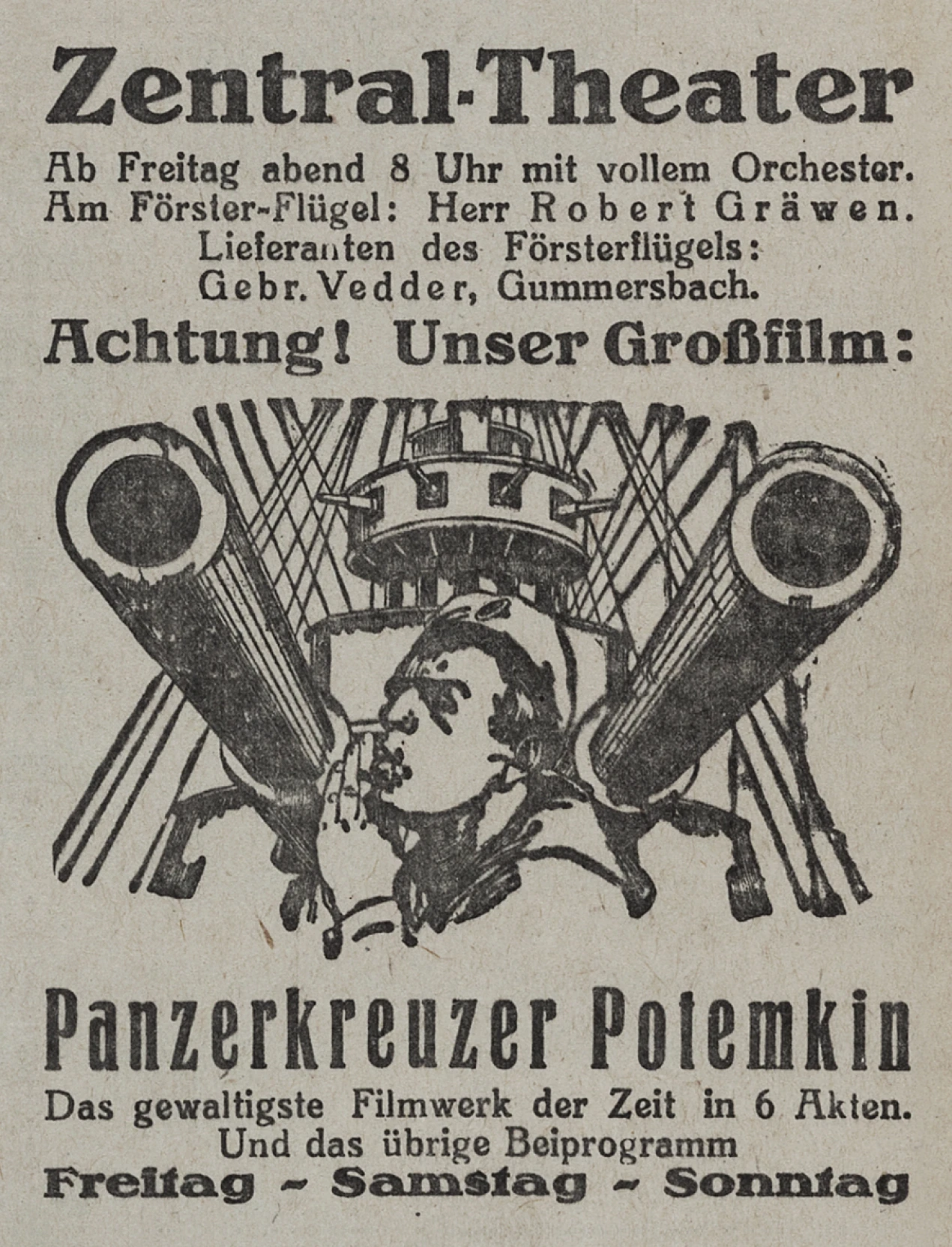 Historische Anzeige „Panzerkreuzer Potemkin“, Zentral-Theater Gummersbach, 1926 (Foto: Anna Domnick