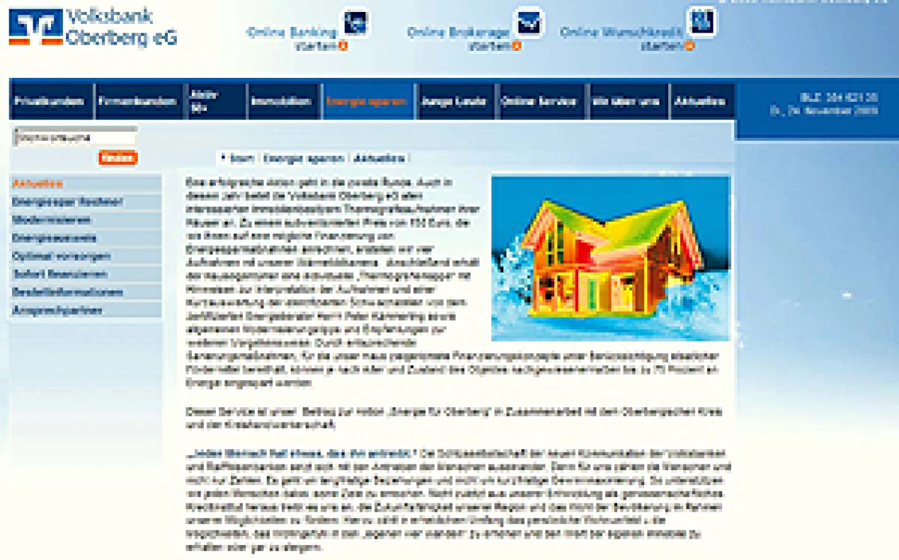 Ausschnitt aus der Internetseite "Energie für Oberberg" der Volksbank Oberberg eG