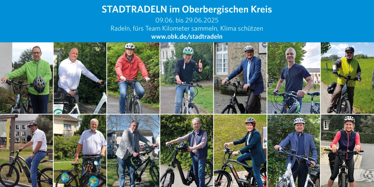 Der Oberbergische Kreis und die Kommunen werben für das STADTRADELN 2025 (Collage: OBK, Fotos: OBK, Kommunen)
