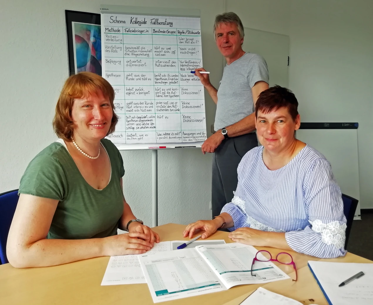 Das Team um den leitenden Schulpsychologen Bernd Christ (h.) - hier mit den Schulpsychologinnen Kirsten Ritterswürden (l.) und Patricia Aengenvoort - unterstützt Schulen in ihrem Bildungs- und Erziehungsauftrag und Schülerinnen und Schüler in ihrer Lernentwicklung. (Foto. OBK)