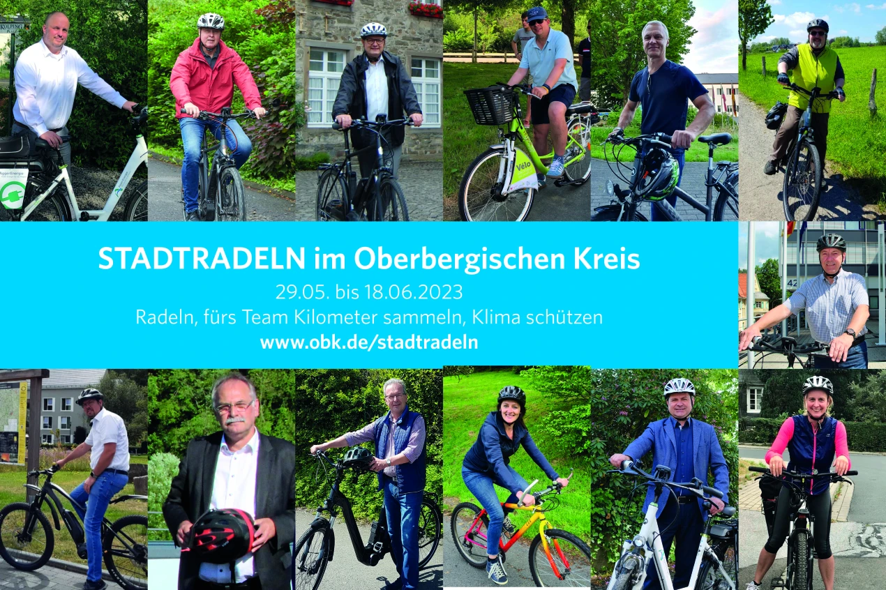 Landrat Jochen Hagt und die Bürgermeisterinnen und Bürgermeister der Kommunen werben für das STADTRADELN 2023 (Foto/ Collage: OBK)