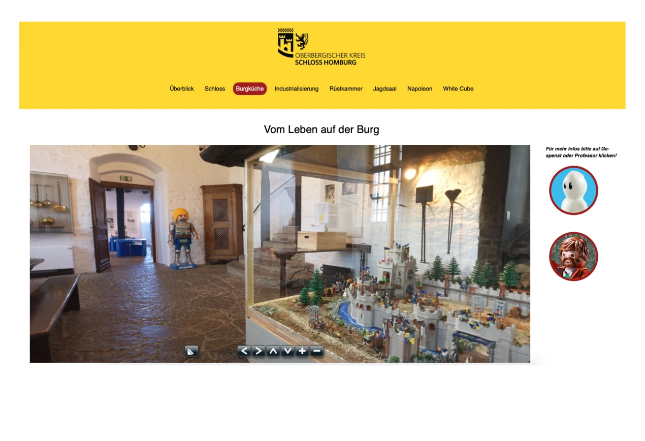 Der virtuelle Rundgang durch die Burgküche - auch hierzu gibt es Informationen vom "PLAYMOBIL-Professor" und dem "kleinen Gespenst". (Grafik/Foto: Oliver Kolken/ Museum und Forum Schloss Homburg)