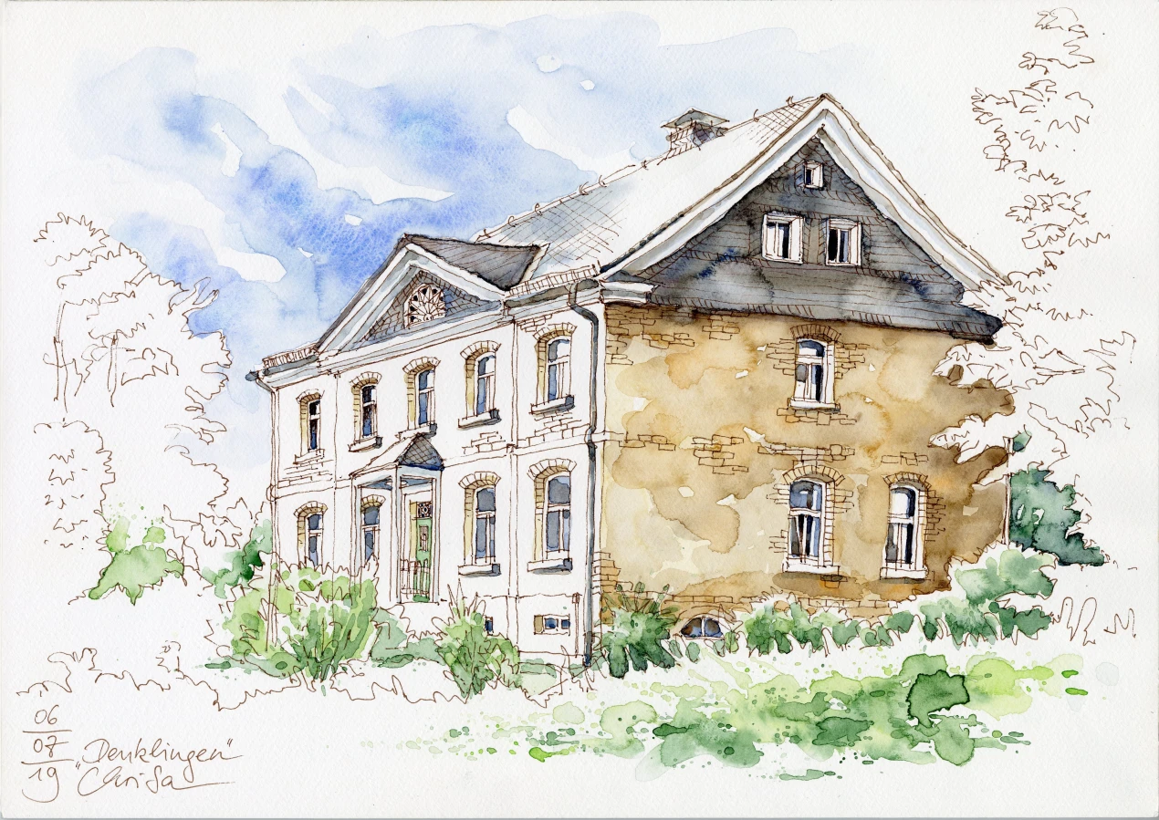Altes Rathaus Denklingen (Reichshof)- Urban Sketching von Hans Christian Sanladerer (Foto/ Grafik: Hans Christian Sanladerer/ Museum und Forum Schloss Homburg). 