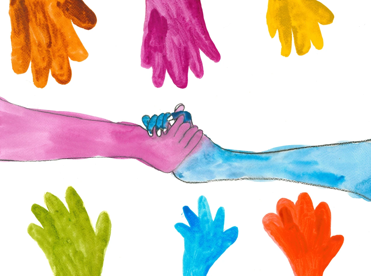 Zwei gezeichnete Arme in Rosa und Blau reichen sich die Hände, umgeben von mehreren bunten, gezeichneten Händen in Orange, Gelb, Grün, Blau und Rot.