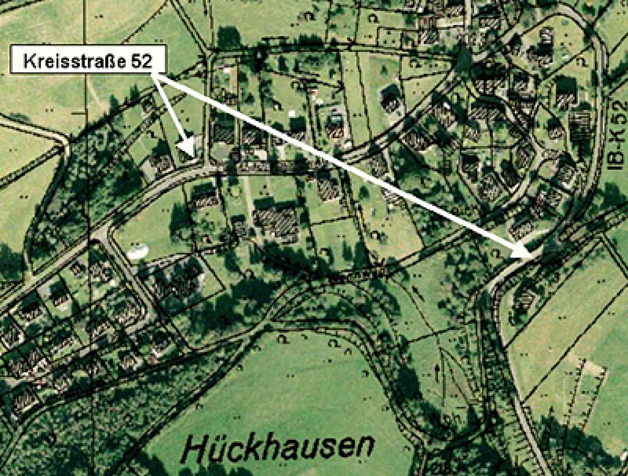 Lageplan Hückhausen mit der Kreisstraße 52 aus RIO - Rauminformation Oberberg