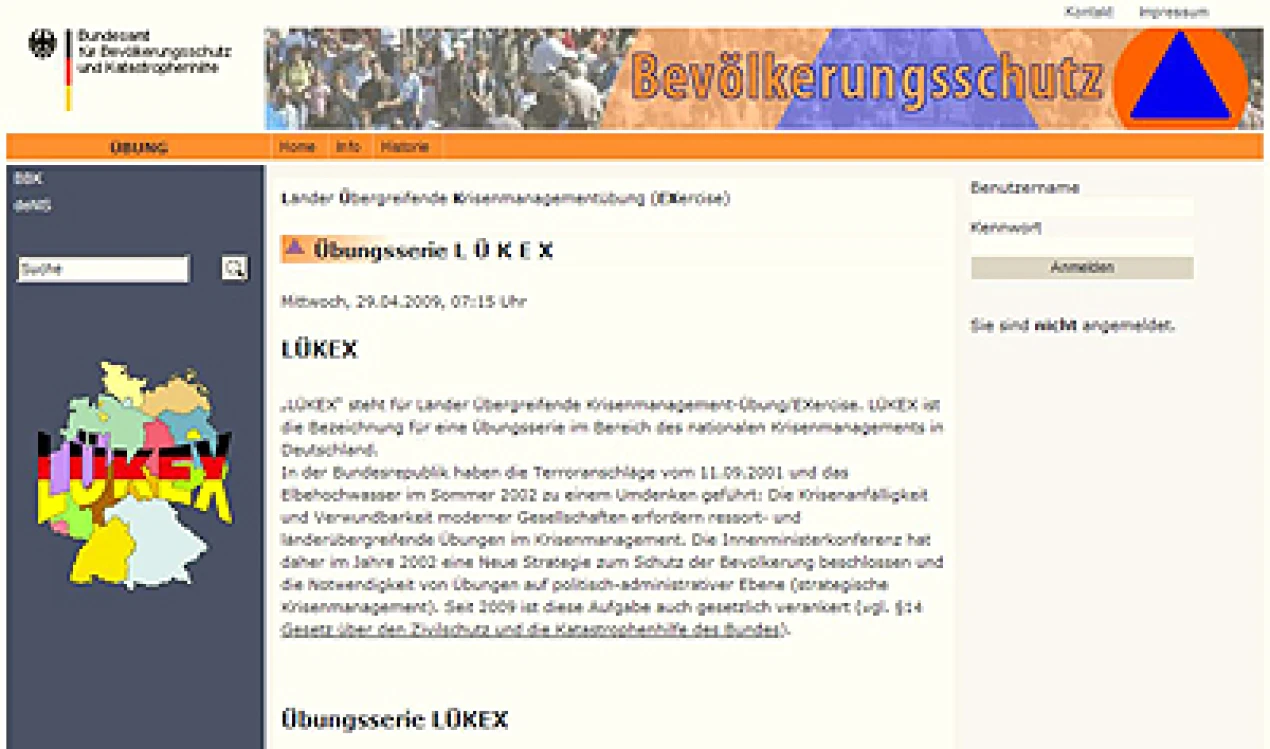 Verkleinerte Abbildung der Homepage zur Übungsserie LÜKEX des Bundesamtes für Bevölkerungsschutz und Katastrophenhilfe