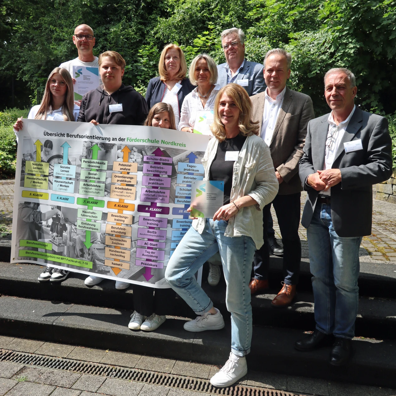 Die Förderschule Nordkreis wurde rezertifiziert:
(v.l.) Cilina Schneider, Schülersprecherin; Robert Schwarzbach, Lehrer Abschlussklasse; Elias Schmidt, Schüler Klasse 9; Kimberly Krings, Schülerin Klasse 9; Corinna Kellmann, Fa. PWM und Jurymitglied; Cathérine Wasserfuhr, StuBo; Dirk Broß, Gesundheits- und Bildungszentrum und Jurymitglied; Britta Leißner, StuBo; Kreisdirektor Klaus Grootens und Schulamtsdirektor Thomas Gunkel. (Foto: OBK)
