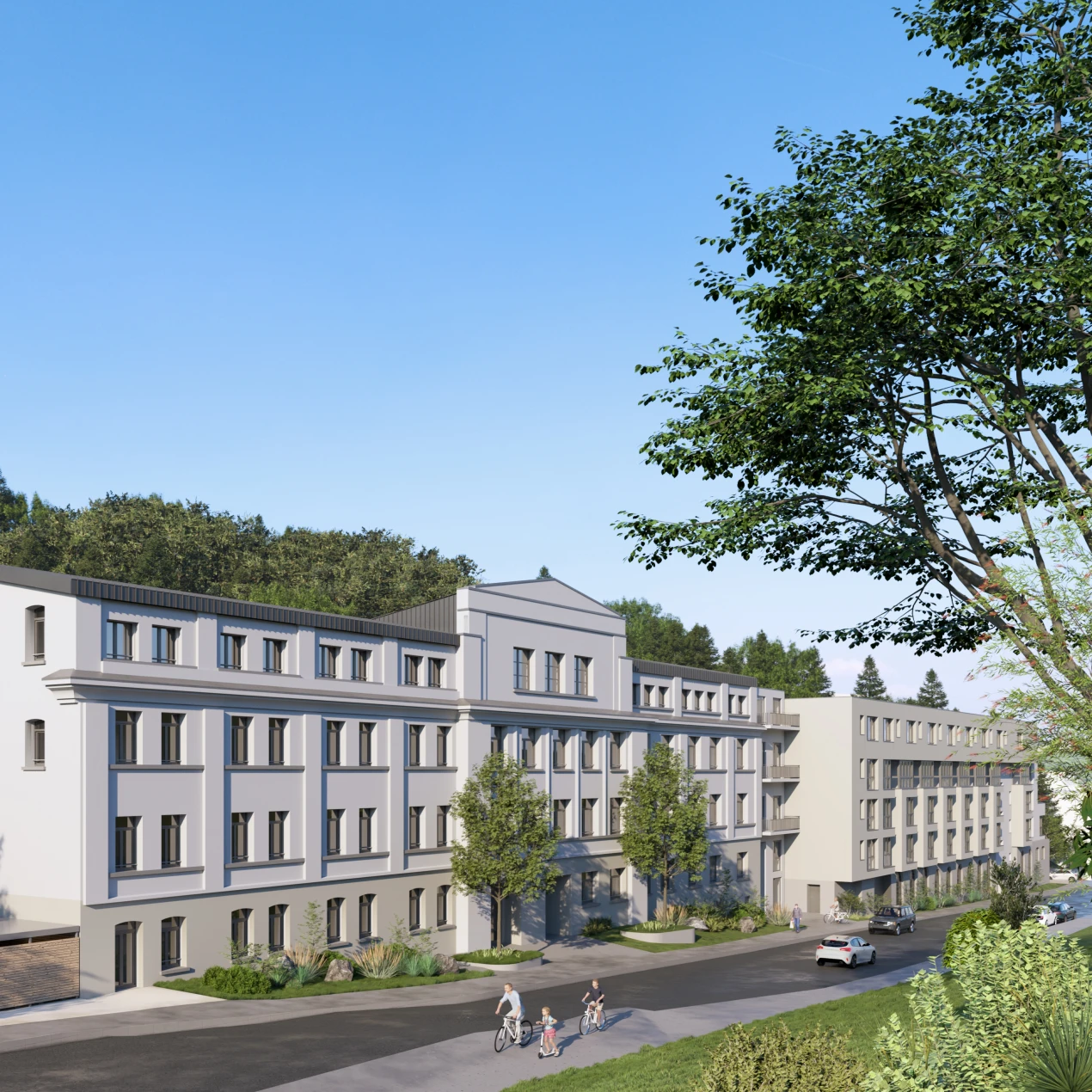 Auf dem Gelände der ehemaligen Tapetenfabrik P + S Gummersbach sollen insgesamt 92 Wohneinheiten entstehen, 31 davon werden aus dem Budget der Mietwohnraumförderung des Landes NRW bezuschusst. (Grafik/Foto: Kaiser 90 Immobilien GmbH) 
