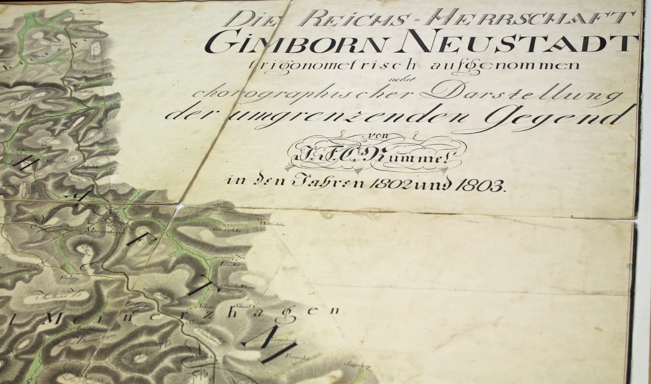 Diese historische Landkarte - ein Original - zeigt die Reichsherrschaft Gimborn-Neustadt im Jahr 1802/ 1803. Sie wird nach ihrem Zeichner auch "Hummel-Karte" genannt (Foto: OBK)
