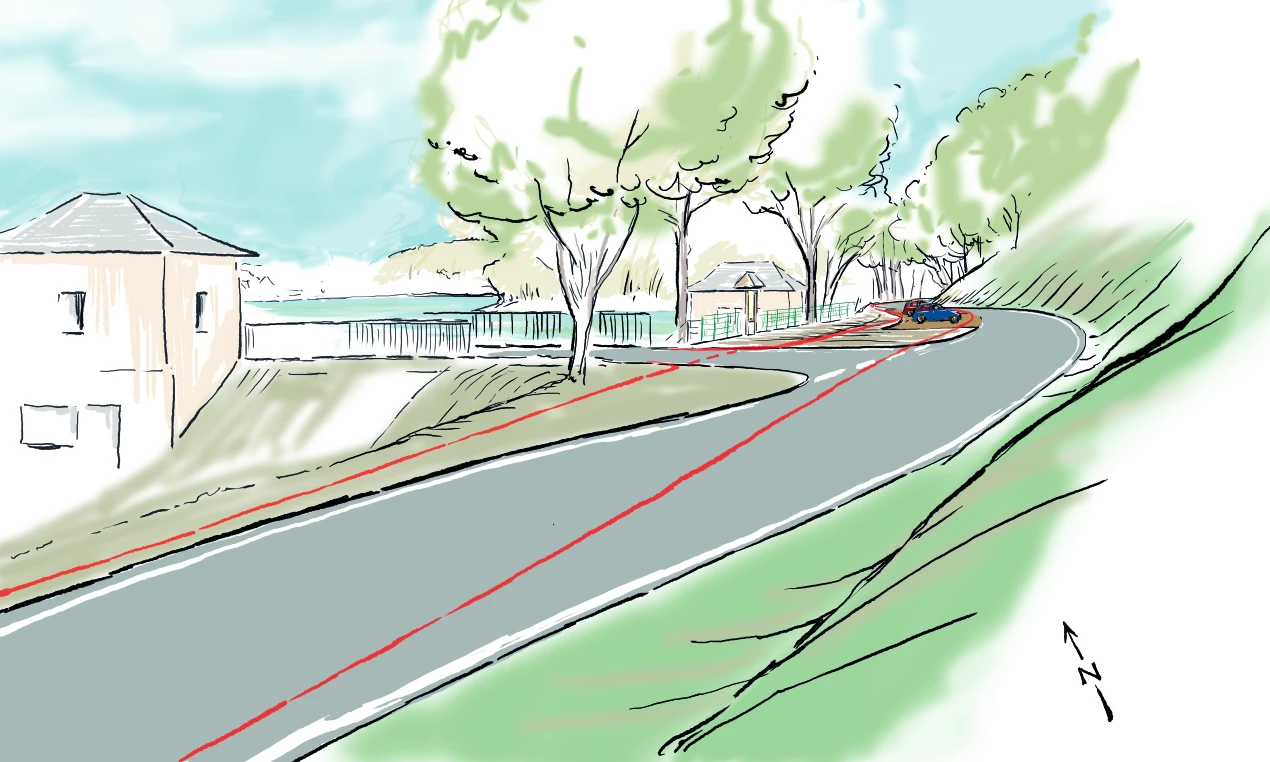 Die Fahrbahn soll auf 200 Metern Länge an den Hang gerückt und mit dem als Bikertreff bekannten Parkplatz getauscht werden. (Grafik: OBK)