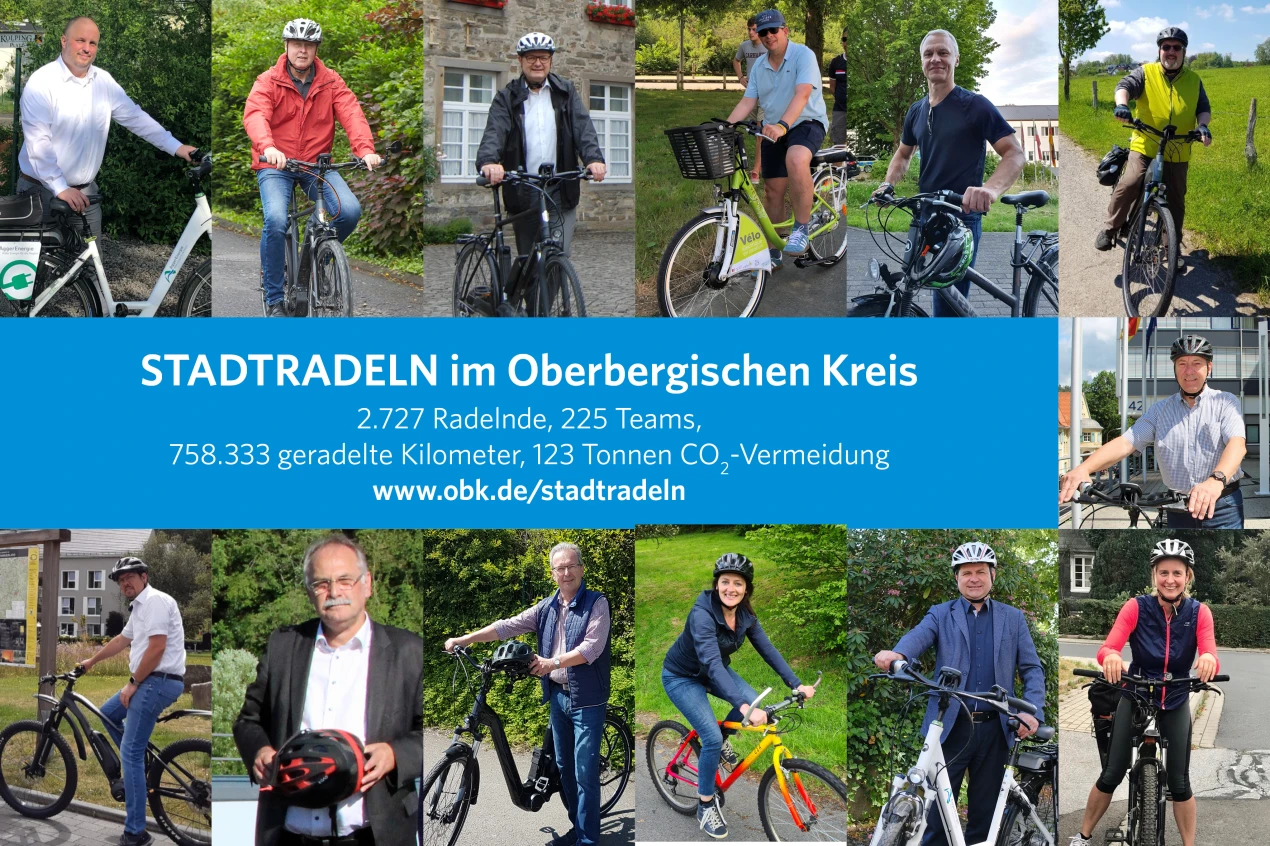 Landrat Jochen Hagt sowie die Bürgermeisterinnen und die Bürgermeister der oberbergischen Kommunen, die gemeinsam am STADTRADELN 2023 teilgenommen haben, freuen sich über die Ergebnisse (Collage: OBK, Fotos: OBK, Kommunen des OBK)