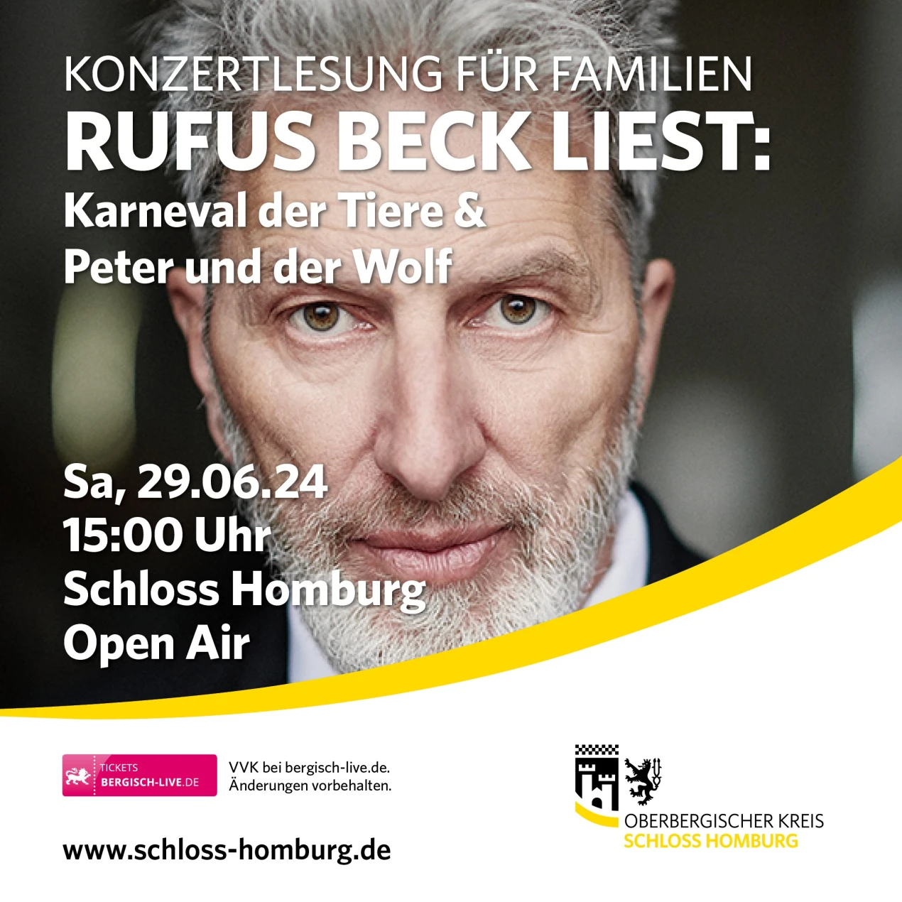 Der Schauspieler mit der markanten Stimme und die Pianistinnen Ines und Anna Walachowski präsentieren ein unterhaltsames Familienkonzert auf Schloss Homburg. (Foto/ Grafik: OBK/ Rufus Beck)