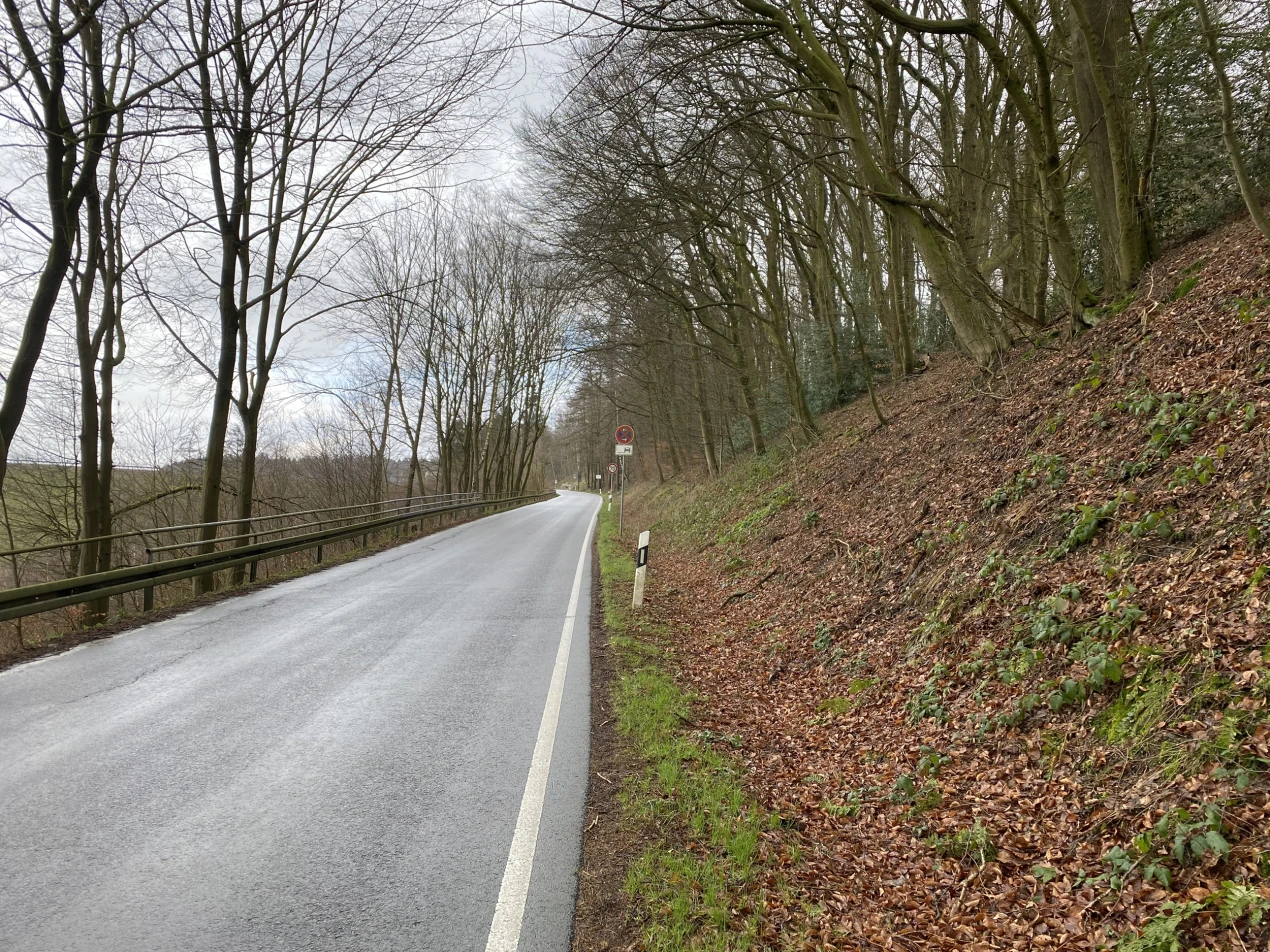 Neuer Radweg wird linksseitig gebaut; die Fahrbahn rückt nach rechts zum Hang. (Foto: OBK)