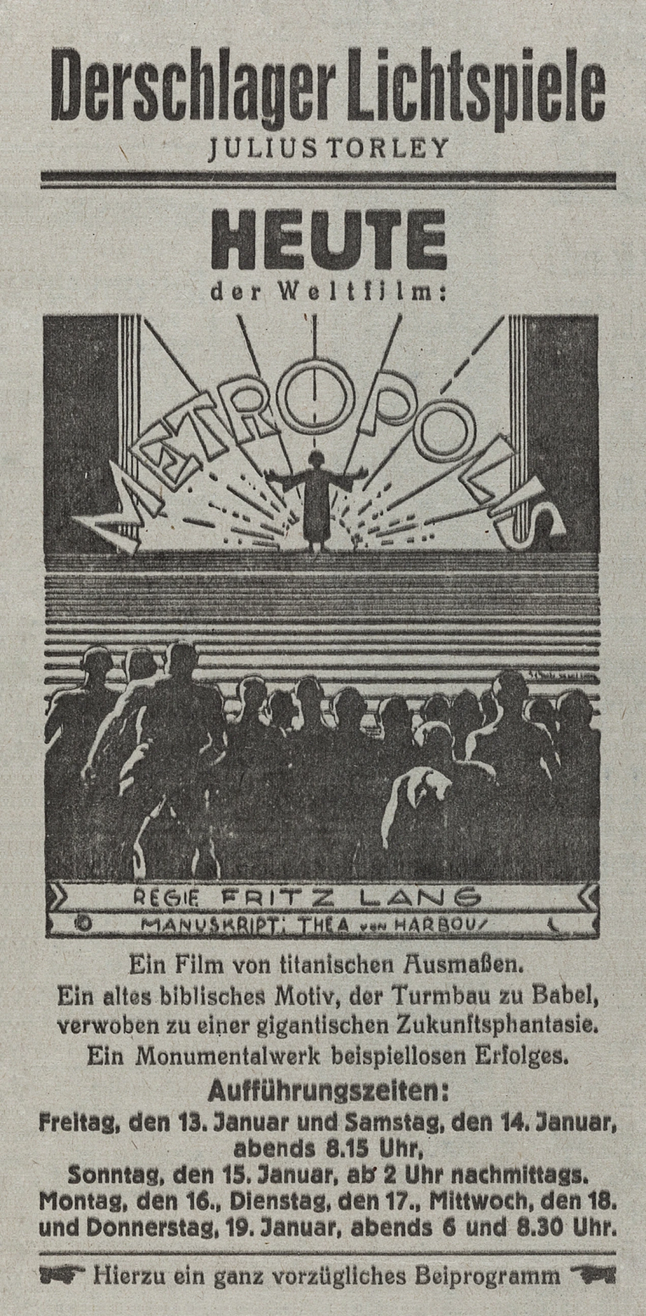 Historische Anzeige „Metropolis“, Derschlager Lichtspiele, 1928 (Foto: Anna Domnick)