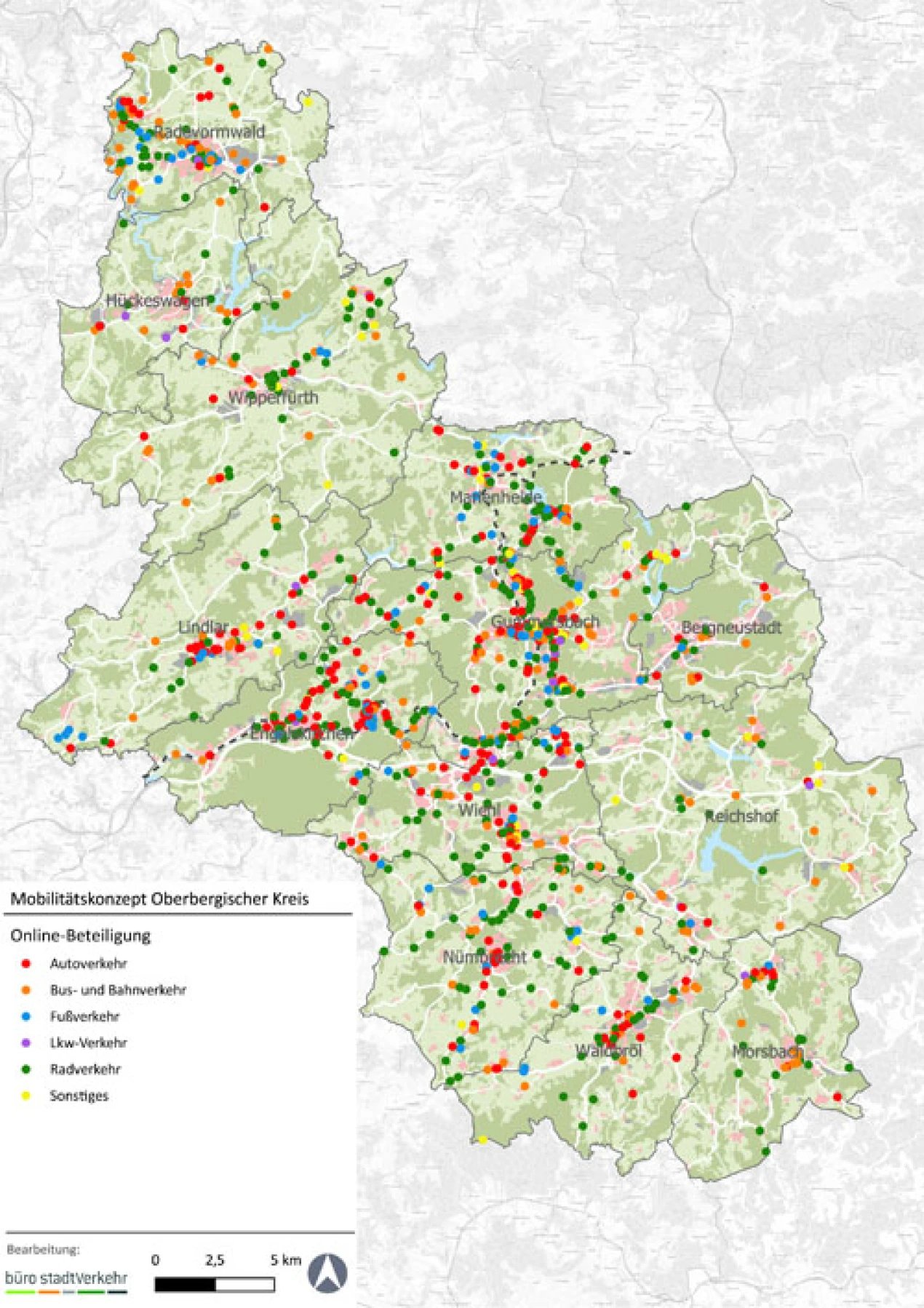 Die interaktive Ideenkarte spiegelt auch die starke Beteiligung der Oberbergerinnen und Oberberger wider. (Foto/Grafik: büro stadtVerkehr)  