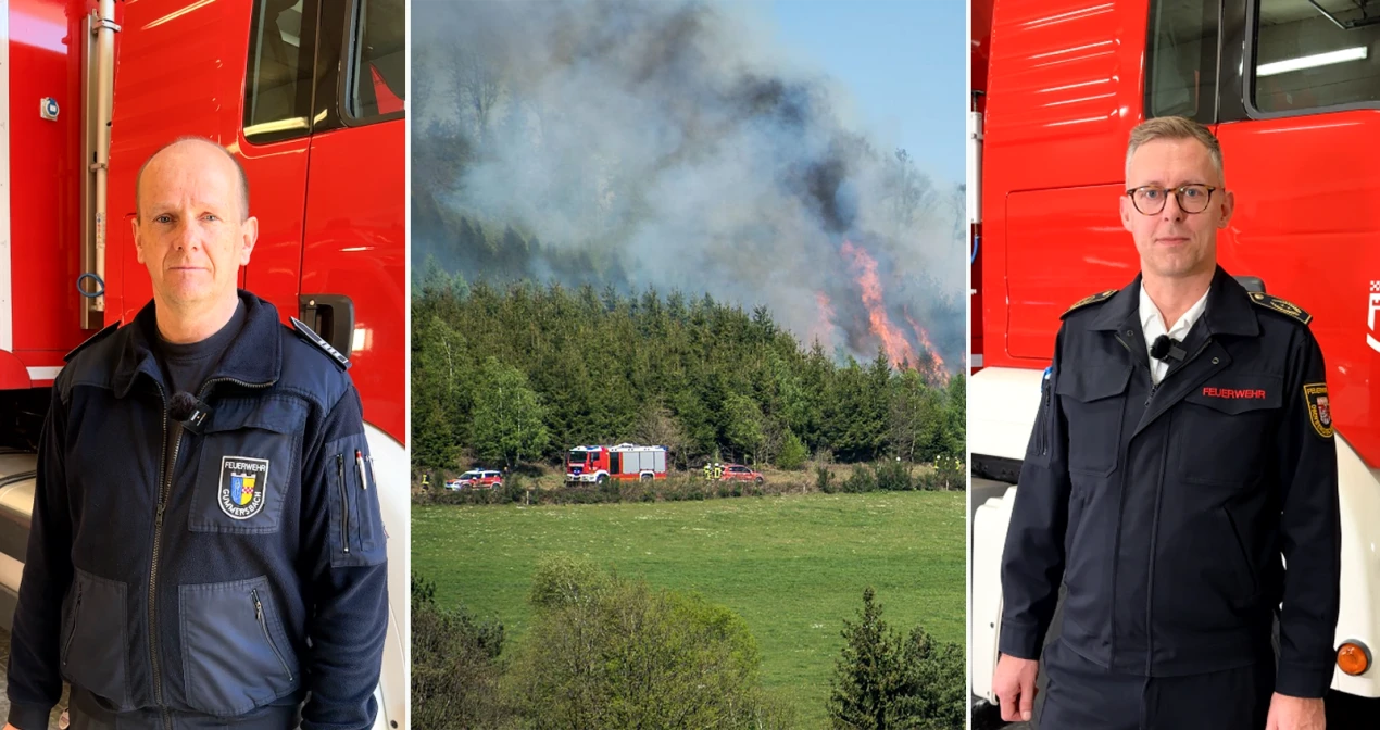 Frank Raupach (Leiter Feuerwehr Gummersbach, l.) und Julian Seeger (Kreisbrandmeister, r.) blicken im Video auf den Hömerich-Waldbrand im Jahr 2020 zurück und geben Empfehlungen für das richtige Verhalten beim Aufenthalt in der Natur. (Portraits: OBK, Foto Waldbrand: Feuerwehr Gummersbach)
