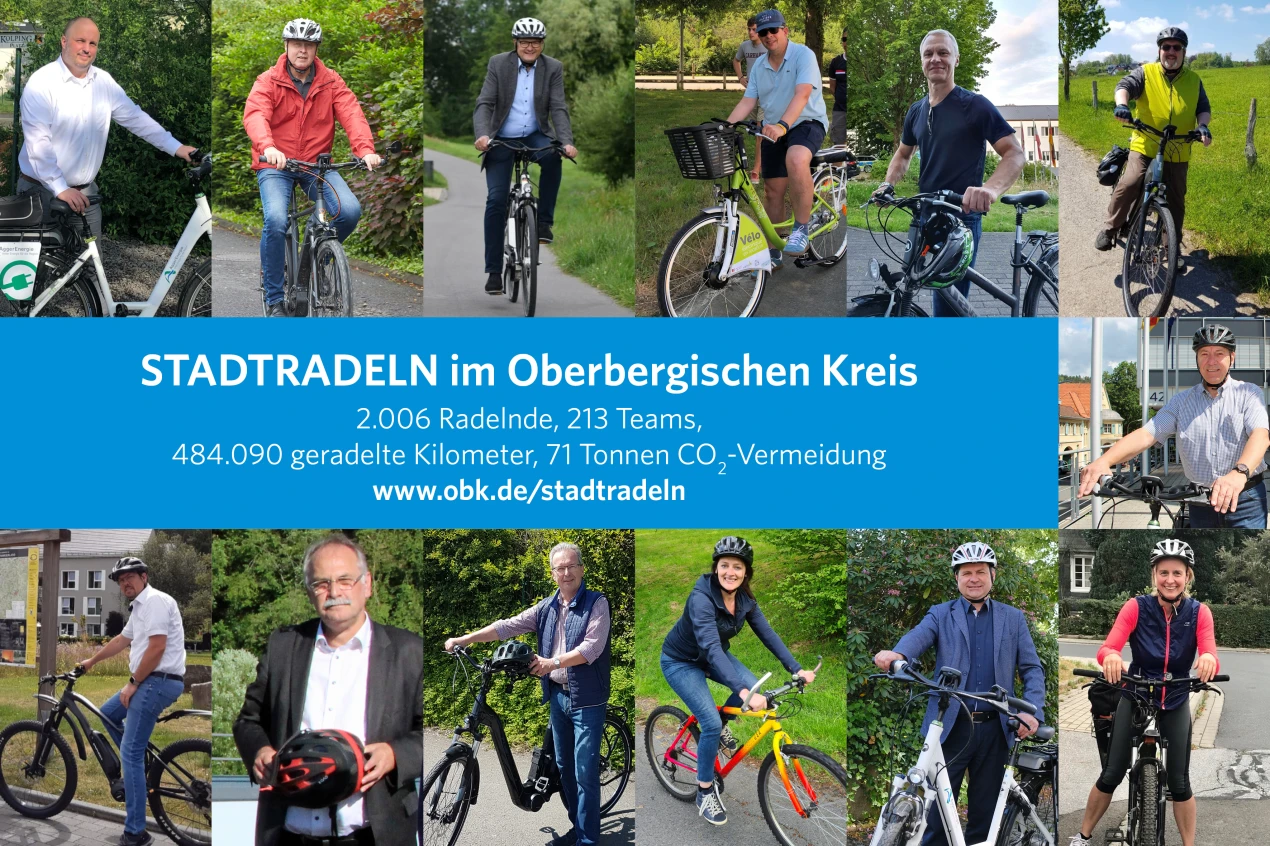 Landrat Jochen Hagt und die gemeinsam teilnehmenden Bürgermeisterinnen und Bürgermeister der oberbergischen Kommunen haben fürs Stadtradeln 2021 geworben. (Collage: OBK/ Fotos: Kommunen des OBK, OBK, J. Moll)
