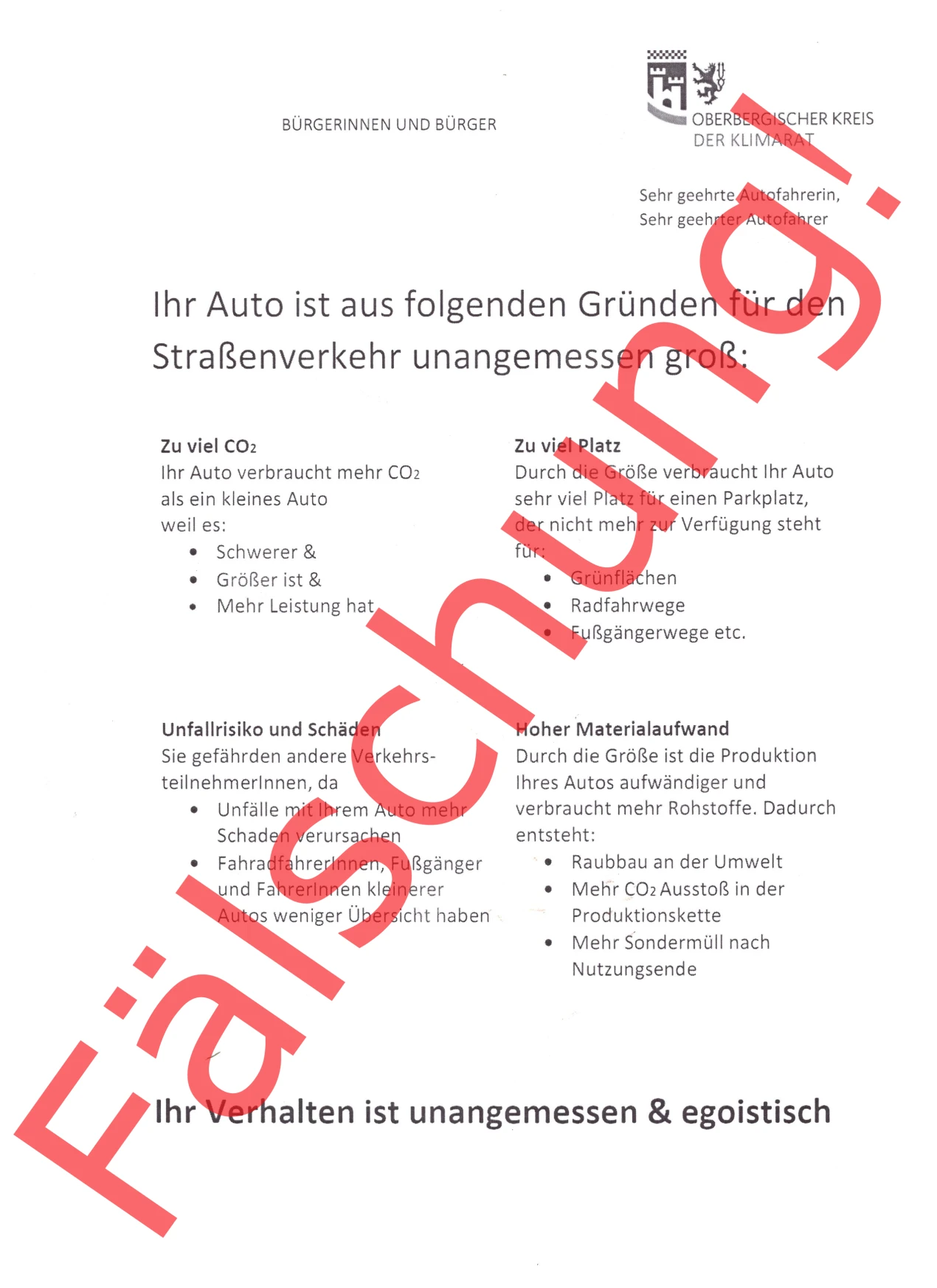 Der Oberbergische Kreis ist nicht Herausgeber des Schreibens, das unter dem Logo "Oberbergischer Kreis - Der Klimarat" an Fahrzeugen im Kreisgebiet angebracht wird. (Foto: OBK)
