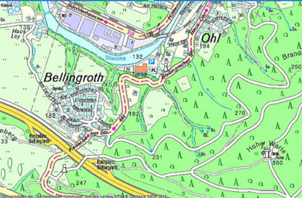 Die K 47 wird im Bereich Engelskirchen-Ründeroth zwischen Bellingroth und Ohl erneuert (Kartenausschnitt aus RIO Oberbergischer Kreis).