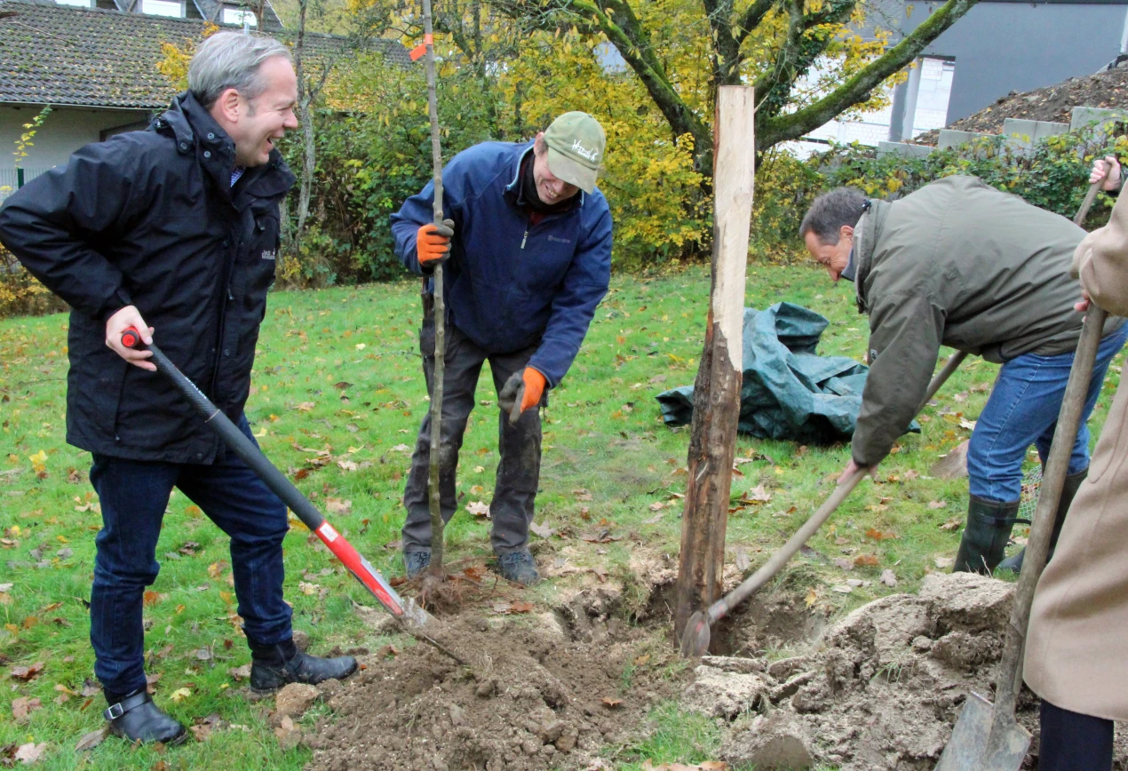 Auch die alte heimische Apfelsorte "Luxemburger Triumpf" hat seinen Platz im natur- und insektenfreundlichen Garten der VHS Oberberg erhalten. (V.l.n.r.) Kreisdirektor Klaus Grootens, Obstbaumexperte Harald Hamel und Frank Herhaus, Dezernent für Planung, Entwicklung und Mobilität bei der  Pflanzaktion. (Foto: OBK) 