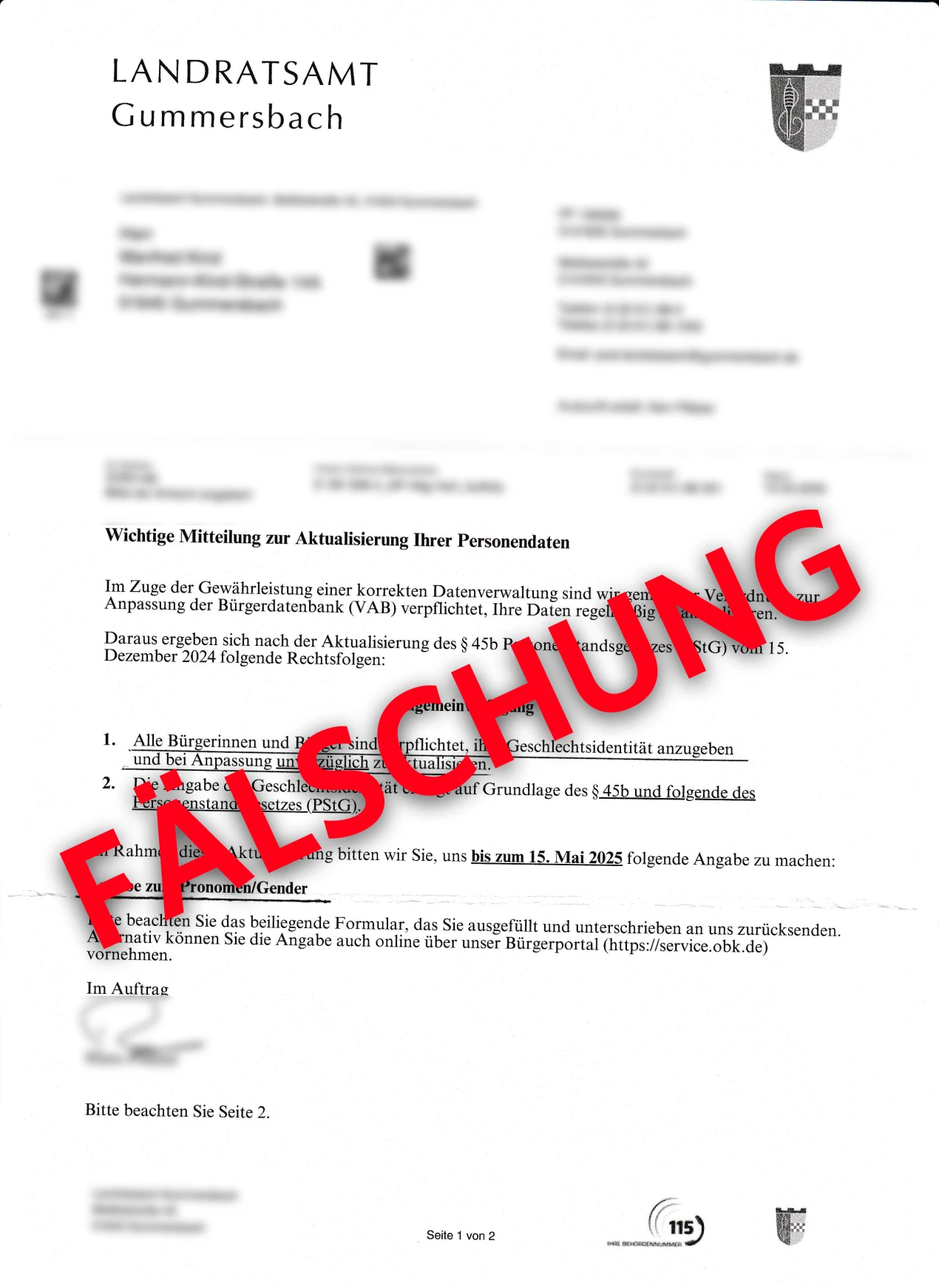 Ein Auszug aus dem gefälschten Schreiben, mit dem versucht wurde Personendaten abzufragen. (Foto: OBK) 