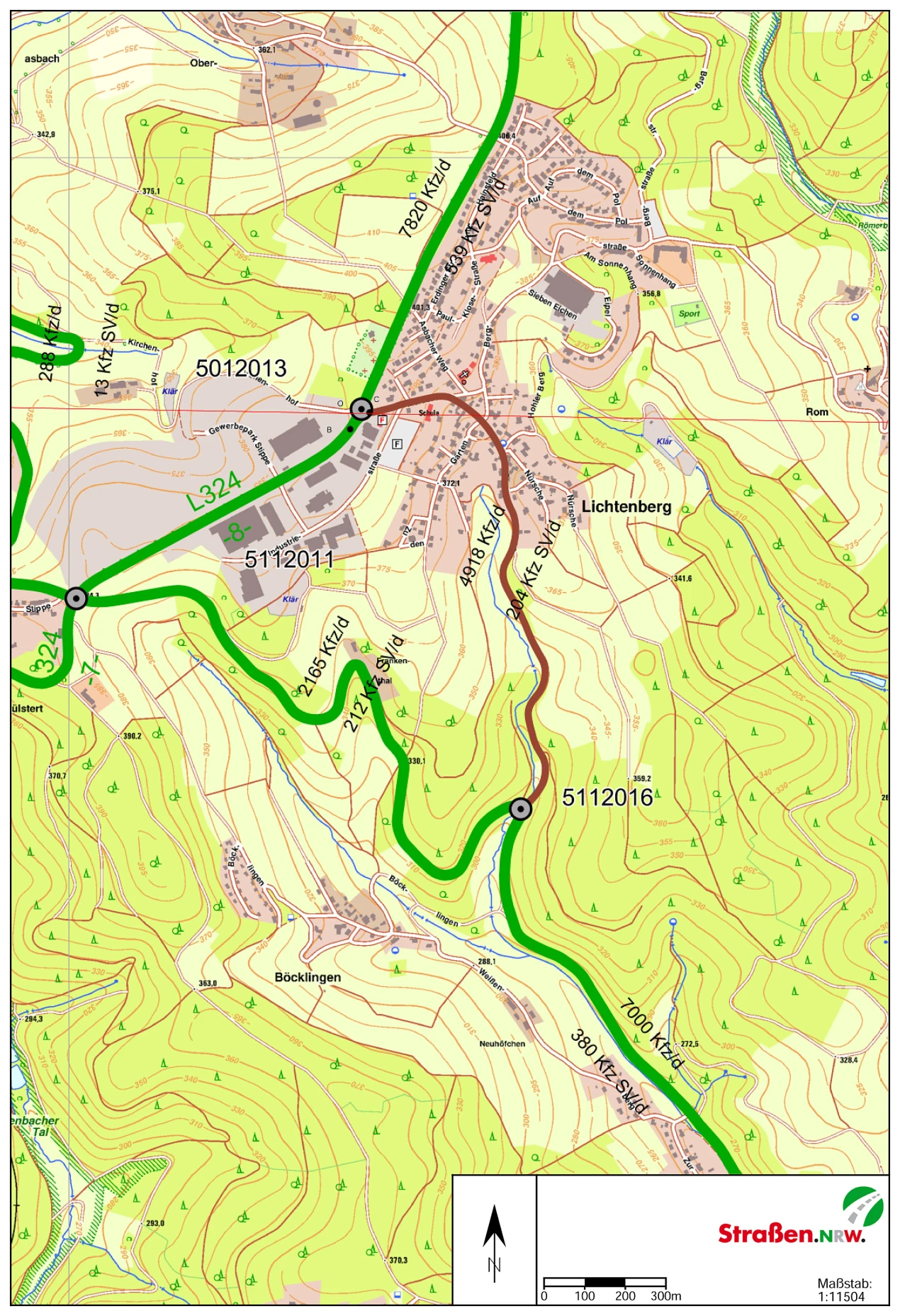 Rund 7000 Fahrzeuge, davon etwa 400 Schwerlasttransporte sind durchschnittlich täglich auf der L 336 Morsbach-Lichtenberg in beide Richtungen unterwegs. (Grafik: Landesbetrieb Straßen NRW).