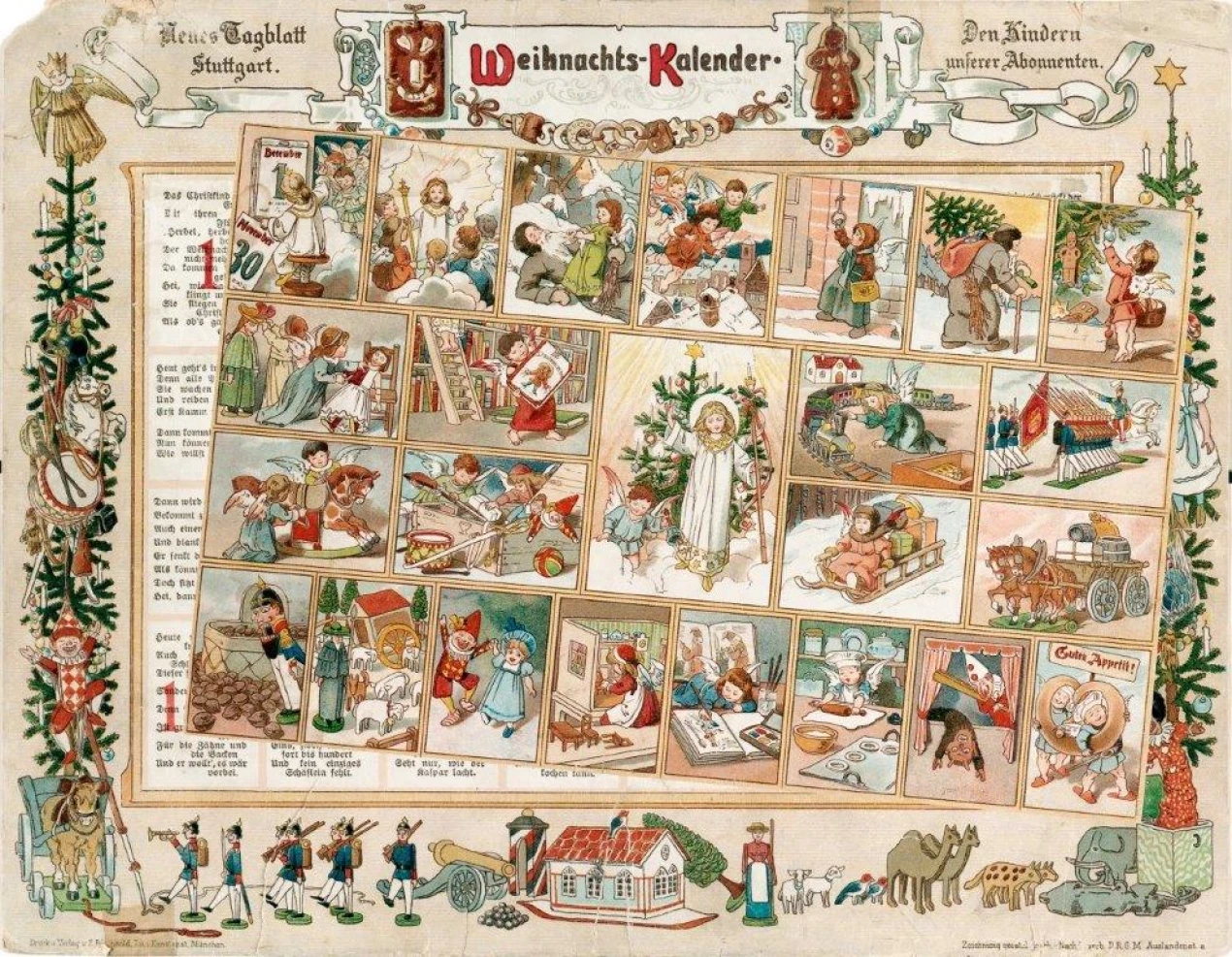 Einer der historischen Adventskalender auf Schloss Homburg. 
Gerhard Lang/Richard Ernst Kepler: Weihnachts-Kalender, Beilage der Zeitung „Neues Tagblatt“, Verlag Friedrich Reichold,  München, 1904; Foto: Staatliche Museen zu Berlin; Museum Europäischer Kulturen/ Ute Franz-Scarciglia